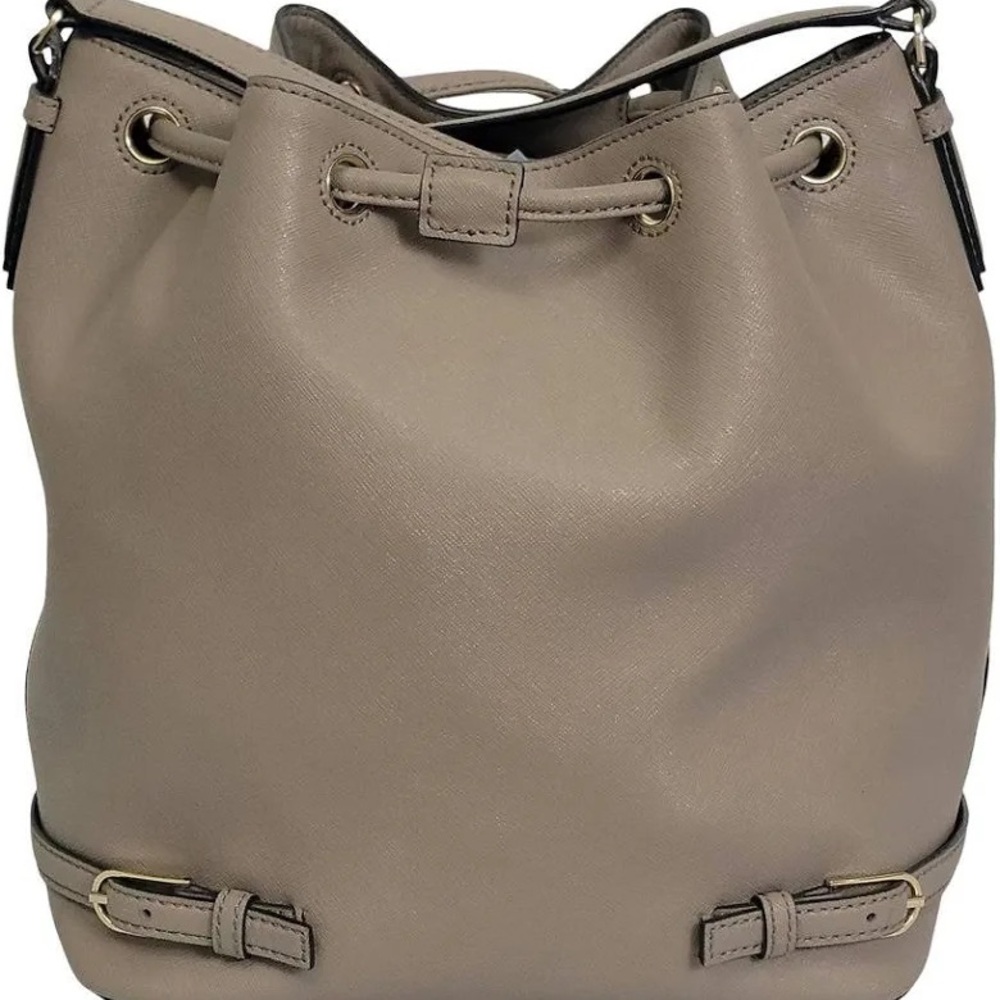 Tory Burch Taupe Leather Drawstring Bucket Shoulder Bag - Picture 3 of 6